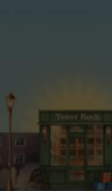 Tower Rush en pantalla de celular con interfaz táctil y torre en construcción